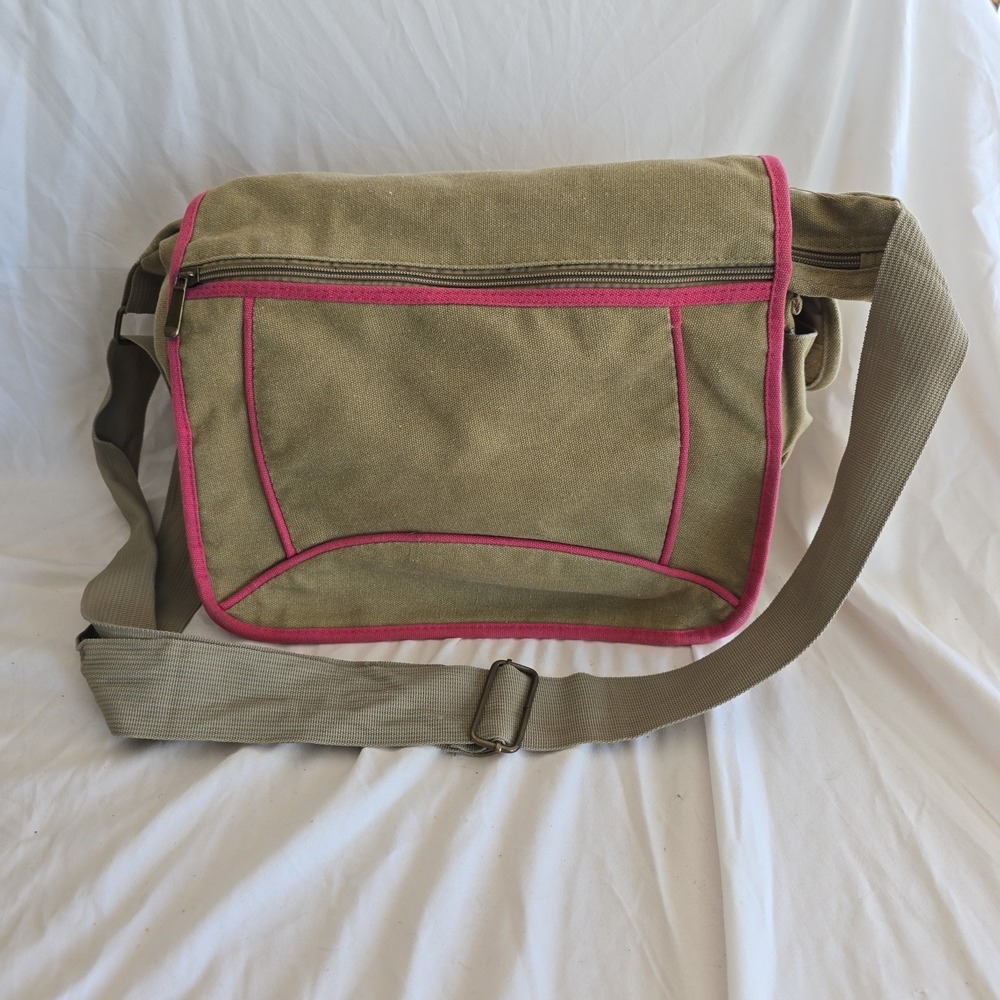 Ahmik Canvas Y2K Messenger Bag Tan W/pink Trim